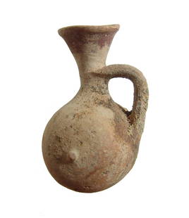Cypriot barrel-shaped vessel, Cypro-Geometric III: A Cypriot barrel-shaped vessel, Cypro-Geometric III, 859 - 750 BC, the body with raised nipples on either side and two groups of horizontal bands in dark brown slip. The narrow neck flares to a wide