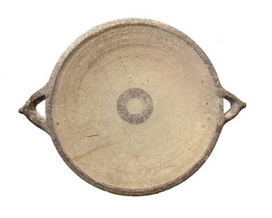 A nice Cypriot white painted ware dish: A nice Cypriot white painted ware dish, c. 800 - 600 BC, circular with low profile and two wishbone handles. The vessel is beautifully preserved and decorated with banding in dark brown slip, the