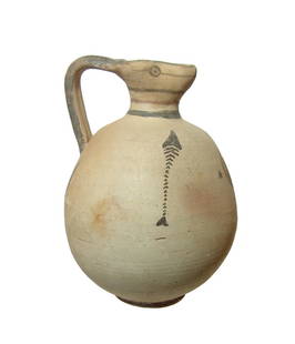 A choice Cypriot bichrome jug, Cypro-Archaic I: A choice Cypriot bichrome jug, Cypro-Archaic I, c. 750 - 600 BC, with ovoid body and ring foot, the short, narrow neck is surmounted by a trefoil spout with a single handle attached to rim and