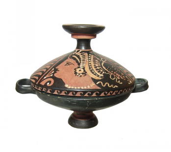 A choice Greek red-figure lekanis with painted lid: A choice Greek red-figure lekanis with painted lid, Apulia, 4th Century BC, the lid with beautiful renderings of a head of a woman, her hair pulled back on a sakkos, wearing earrings and a pearl