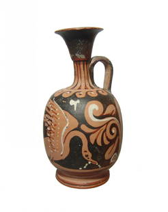 A choice Campanian red-figure swan lekythos: A choice Campanian red-figure swan lekythos, c. 4th Century BC, beautifully decorated with a swan feeding amid palmettes, a wave motive around the shoulders and vertical bands around the base of the