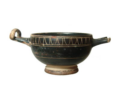 Attractive Greek black-glazed skyphos, Magnia Graecia: An attractive Greek black-glazed skyphos, Magnia Graecia, 4th Century BC, the deep bowl resting on a flared ring foot and with two horizontal loop handles raised at the ends. Outside the rim is an