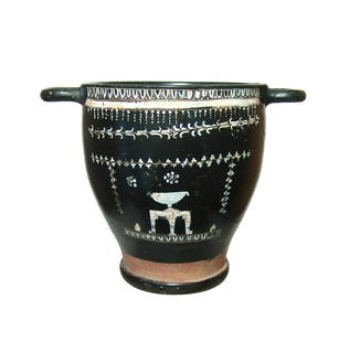 A very large Gnathian-ware skyphos: A very large Gnathian-ware skyphos, c. 4th Century B.C., enlivened with white and yellow slip, with ornamental bands of tongues, dots, flowers and ivy leaves, a basin on a tripod at the center, a