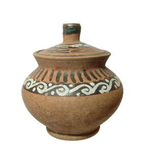 A beautiful Greek pyxis, Magnia Graecia: A beautiful Greek pyxis, Magnia Graecia, 4th Century BC, the rounded body with ring foot, the flared mouth with neatly fitted lid with knob handle. The upper portion of the vessel is decorated with a