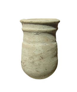 A Roman creme slipped jar, Holy Land: A Roman creme slipped jar, Holy Land, c. 2nd - 4th Century AD, with rounded bottom and wide mouth and a horizontal ridge at the top of the neck. H: 5 3/8 in (13.7 cm). Light deposits. Ex collection