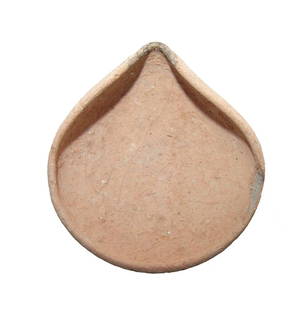 An attractive ceramic pinch lamp from the Holy Land: An attractive ceramic pinch lamp from the Holy Land, Middle Bronze Age IIB-C, c. 1730 - 1550 BC, formed from a hemispherical wheel-thrown bowl with rounded bottom and rim. A very nice example! 5 x 4