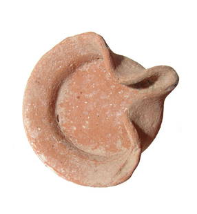 Nice Iron age pinch ceramic lamp from the Holy Land: A nice Iron age pinch ceramic lamp from the Holy Land, c. 1200 - 586 BC, with wide rim and raised pad base. 4 1/4 x 4 1/8 in (10.8 x 10.5 cm). Cf. Kennedy 1963, pl. XX, no. 475 for the type; Light