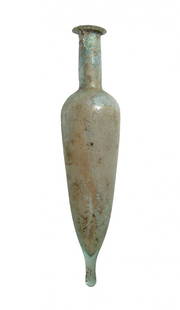 A lovely Roman light blue glass unguentarium: A lovely Roman light blue glass unguentarium, c. 1st - 2nd Century AD, with a short neck and long, ovoid body with a thin strand of glass drawn out from the bottom, creating a teardrop appearance, H: