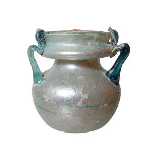 Pleasing Roman pale blue three-handled glass vessel: A pleasing Roman pale blue three-handled glass vessel, Eastern Mediterranean, c. 3rd - 4th Century AD, the rounded body with lightly indented bottom, the neck short with wide collared mouth with