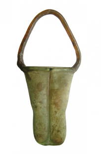 A nice Roman bicolor glass double unguentarium: A nice Roman bicolor glass double unguentarium, Eastern Mediterranean, 4th Century AD, the body is free-blown in a pale olive-green colored glass with two compartments formed by pinching a glass