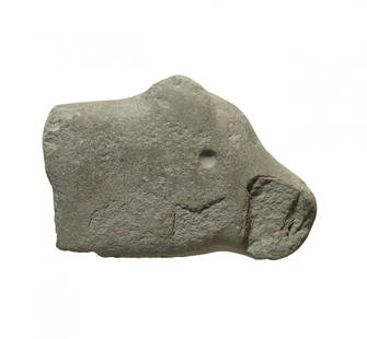 A Sumerian stone head of a heifer: A Sumerian stone head of a heifer, 3rd Millennium, carved in naturalistic style with short rounded ears and one eye drilled. L: 4 3/5 in (11.7cm), H: 3 1/8 in (7.9cm). Light deposits and an
