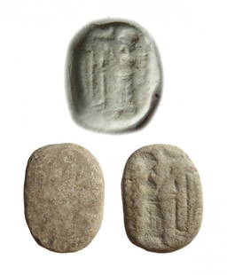 A Neo-Assyrian steatite stamp seal: A Neo-Assyrian steatite stamp seal, c. 8th - 7th Century BC, scaraboid shaped with lightly domed top and flat sides. On base a standing robed figure worships at a lunar altar, 17 x 13 mm. Drilled