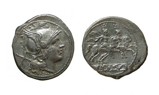 A nice Roman Republican silver coin Roman Republic: A nice Roman Republican silver coin Roman Republic, Anonymous, c, 212 - 208 BC. Silver Denarius. Rome. (4.01g, 20mm). Helmeted head of Roma rt., X (mark of value) behind. / The Dioscuri riding rt., ho