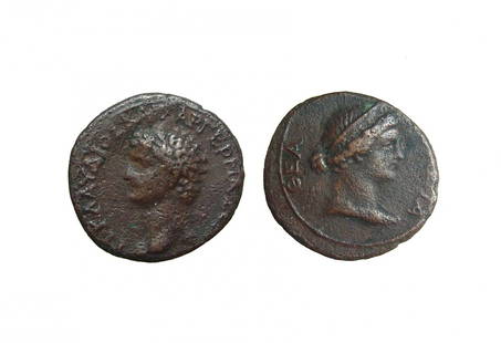 Rare Roman bronze coin Claudius and Livia, Crete: A rare Roman bronze coin Claudius and Livia from Crete. Claudius with Diva Livia, AD 41 - 54. AE19 of the Koinon of Crete. 4.75g. TI K?AY?IO? KAI?A? ?E?MA ?EBA?, bare head of Claudius lt. / ?EA