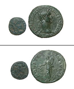 A pair of Roman bronze coins, Domitian & Constans: A pair of Roman bronze coins, Domitian & Constans. Lot includes a bronze As of emperor Domitian, AD 81 - 96, struck AD 92-4 at Rome. (10.41g. 29mm). On the reverse side is the image of Moneta