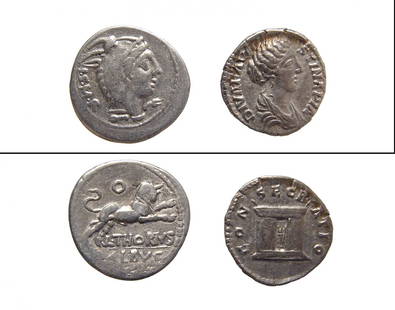 A pair of Roman silver coins: A pair of Roman silver coins. Lot includes a Roman Republican Denarius of moneyor L. Thorius Balbus, c. 105 BC, struck in Rome, the obverse depicts Juno Sospita and the reverse a charging bull, Dia: