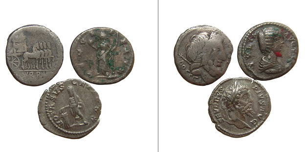 A nice group of three Roman silver coins: A nice group of three Roman silver coins. Lot includes a silver Denarius of emperor Septimius Severus, AD 193 - 211, struck at Rome, emperor sacrificing on the reverse, (3.75g, 18.5 mm). The second