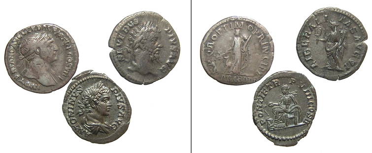 A nice group of 3 Roman silver coins: A nice group of 3 Roman silver coins. Lot includes a denarius of Trajan, (AD 98 - 117), Rome mint, Arabia standing with a camel on the reverse, (19mm, 3.22g). The second is a denarius of Septimius