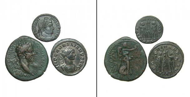 A lot of 3 Roman bronze coins: A lot of 3 Roman bronze coins. Lot includes a bronze coin of the emperor Commodus, AD 177 - 192, from Thessalonica in Macedonia, reverse with Nike (Victory) holding a wreath and palm, (12.53g, 27mm).