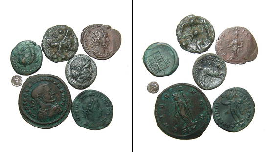 A mixed lot of 7 and Greek, Celtic & Roman coins: A mixed lot of 7 and Greek, Celtic & Roman coins. Lot includes a Greek silver fractional from Caria, 4th Century BC, a bronze from Skepsis, Troas, 4th Century BC, a bronze from Timoleon, tyrant of