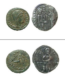 A pair of ancient bronze and silver coins: A pair of ancient bronze and silver coins. Lot includes an issue of Constantine I, AD 307 - 337, with 'Manus Dei' or the 'Hand of God'. Divus Constantine I the Great, post-mortem issue struck after