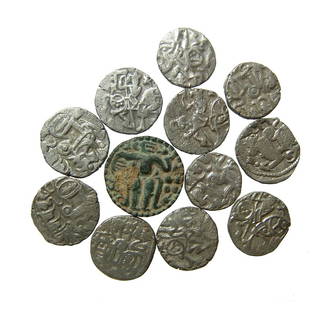 A lot 12 ancient coins, Central Asia: A lot 12 ancient coins, Central Asia. The majority of the group contains silver Drachms of the Shahis king Samanta Deva, c. AD 850 - 970, from Kabul. The feature a stylized horse with rider and a