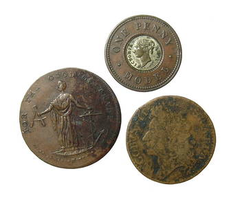 A lot of 3 coins, Britain and Ireland: A lot of 3 coins, Britain and Ireland. Lot includes a Commercial Dublin Halfpenny from 1795, a Gunmoney Shilling of James II, 1685-1688, struck during the Irish Rebellion, 1689 - 1690, and struck