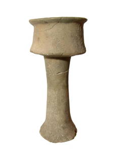 A nice Bactrian alabaster stemmed chalice: A nice Bactrian alabaster stemmed chalice, c. 2000 - 1500 BC, with tall foot splayed at base, angled side and wide everted rim. Quite solid and an attractive drinking or ritual vessel. H: 6 7/8 in