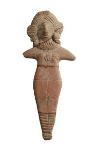 An attractive Indian terracotta Baroque Lady: An attractive Indian terracotta Baroque Lady, Shunga Period, c. 1st Century BC - 1st Century AD, hand-modelled, with flattened frontal part of the body, rounded buttocks, tapered legs together with