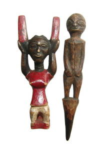 An African heddle pulley and a wood votive: An African heddle pulley and a wood votive. The first is a painted heddle pulley with nice style and wearing painted red and white clothing, H: 6 3/4 in (17.1 cm). The second is a wood votive in the