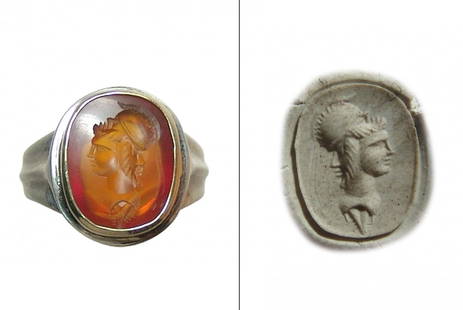 18k gold and Sterling silver men: A lovely 18k gold and Sterling silver men's ring set with a modern Roman-style intaglio. A gorgeous ring, the modern carnelian stone featuring the helmeted head of Athena facing to left, wearing a
