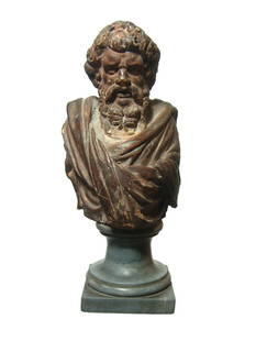 Attractive antique stone bust of a Greek philosopher: An attractive and well-crafted antique stone bust of a Greek philosopher. Seems to have some age and is beautifully carved with great details and is mounted on a low column base. Height of bust: 5 1/2