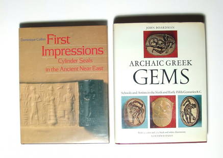 Two reference books on ancient gems and seals: Two reference books on ancient gems and seals. Lot includes a copy of First Impressions, Cylinder Seals in the Ancient Near East, Dominique Collon, (London, 1987), hard cover with jacket. The second