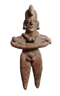 Colima standing figure of a man with crested headdress: A nice Colima standing figure of a man with a crested headdress, West Mexico, c. 100 BC - AD 250, depicted nude with crossed hands over stomach and scarification on upper arms. He wears earrings,