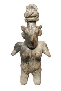 A handsome Jalisco Sheep Face female figure: A handsome Jalisco Sheep Face female figure, West Mexico, 100 BC - AD 250, with tall hairdo wrapped with two headbands and large circular earrings. The figure is well preserved, and grey slipped with