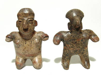 An attractive Nayarit standing couple: An attractive Nayarit couple, West Mexico, c. 100 BC - AD 250, both standing figures, the first a pregnant woman in birthing position, H: 5 3/4 in (14.6 cm), and the second a standing man, H: 5 5/8