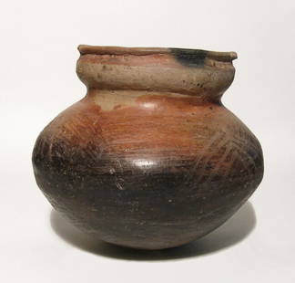Large Jalisco San Juanito type cooking or storage: A large Jalisco San Juanito type cooking or storage vessel, c. 100 BC - AD 200, in excellent condition and decorated with red geometric designs over grey slip. 9 x 10 in (22.8 x 25.3 cm). A lovely