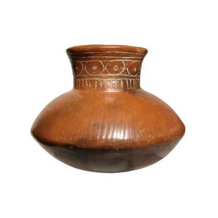 A lovely Nayarit Post-Classic jar: A lovely Nayarit Post-Classic jar, West Mexico, AD 900 - 1200, the shoulder with incised vertical lines and the neck with incised decoration. The vessel is beautifully burnished with bright