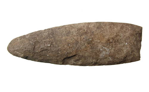 A Mayan flint spear point: A Mayan stone spear point, Guatemala, c. AD 40 - 700, fashioned from a tan flint with attractive speckled patination and deposits. L: 6 1/4 in (15.7 cm). Ex Petersen-Neubauer family collection, Los