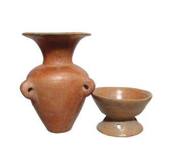 A pair of Teotihuacan orange-ware miniature vessels: A pair of Teotihuacan orange-ware miniature vessels, c AD 400 - 600, of thin, elegant construction, the large lovely jar with narrow foot, flared mouth and three loop handles, H: 3 3/4 in (9.5 cm),