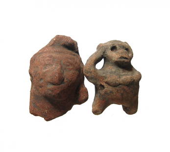 A pair of Costa Rican ceramic objects: A pair of Costa Rican ceramic objects, c. AD 1000 - 1450, the first a cute figure of a monkey with deep set eyes and hand atop it's head, H: 2 1/2 in (6.4 cm), the second is ahead fragment from a