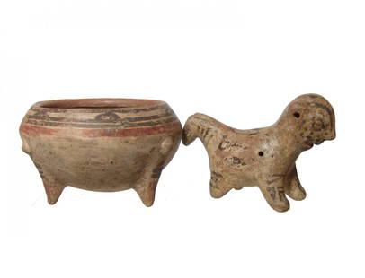A pair of Chiriqui/Diquis objects: A pair of Chiriqui/Diquis objects, Costa Rica, AD 1000 - 1550, Southern zone, the first is a ceramic polychrome tripod bowl with registers of Buenos Aires 'alligator-ware' design along top, Dia: 5