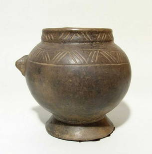 Late Murillo applique style Nicoya monochrome vessel: A late Murillo applique style Nicoya monochrome vessel, Costa Rica, 1000-1550 AD. With stylistic zoomorphic representation and an annular pedestal base. 6 1/2 in x 7 in (16.4 x 17.8 cm). Cf. Doris