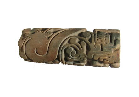 A large Jama-coaque ceramic roller: A large Jama-coaque ceramic roller, Ecuador, c. 200 BC - AD 500, an unusually large example, with beautiful floral and geometric designs. 2 1/4 x 5 3/4 in (5.7 x 14.6 cm). Well preserved with light