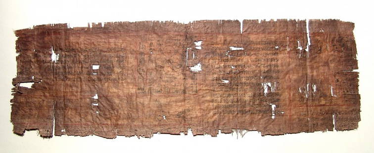 Fantastic 36 inch papryus page from a Book of the Dead: A fantastic Egyptian papyrus text from a Book of the Dead, Late Period - Ptolemaic, c. 664 - 30 BC, from a chapter between 64 - 129. At center is a Kheper (scarab beetle), with the wings, feet and