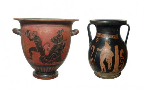 A wonderful pair of Greek-style replica pottery vessels: A wonderful pair of Greek-style replica pottery vessels. Lot includes a handsome black-figure bell krater depicting a mischievous satyr interacting with a robed woman on either side, 8 ½ x 10 in