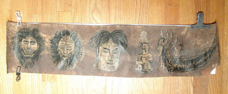 A pair of Oceanic decorated scrolls, possibly Batak: A pair of Oceanic decorated scrolls, possibly Batak, early 20th Century. One scroll contains two long narratives, part pictorial, part with ideograms, and a chart or table, 48 x 7 ¼ in (120.8 x 18.3