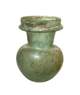 An attractive Roman green glass bottle: An attractive Roman green glass bottle, Eastern Mediterranean, c. 3rd - 4th Century AD, the body rounded with indented bottom and the neck short and cylindrical with wide, collared rim. H: 5 1/8 in