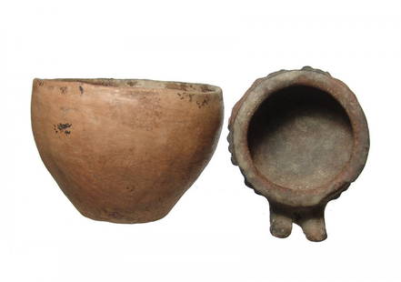 A pair of Pre-Columbian ceramic vessels: A pair of Pre-Columbian ceramic vessels. Lot includes an El Bosque type footed dish, Costa Rica, c. 1st - 5th Century AD, the deep bowl with handle in the form of two feet, 4 ½ x 3 ¾ in (11.4 x 9.5