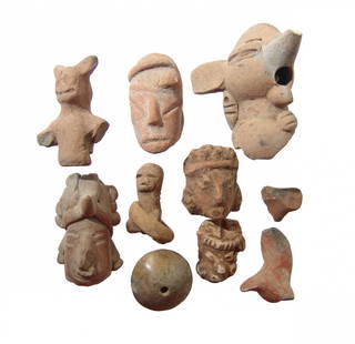 A group of 8 Chupicuaro ceramic figural fragments: A group of 8 Chupicuaro ceramic figural fragments, c. 500 - 100 BC, consisting of 4 heads from figures, one upper portion of a stylized human figure, on head and torso from a zoomorphic figures, the